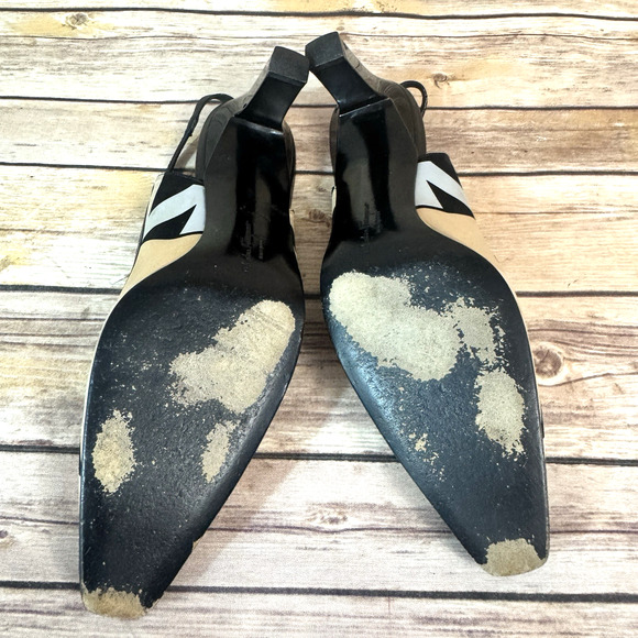 Salvatore Ferragamo Womens Tan Black Satin & Leather Slingback Heels 7B - Picture 7 of 16